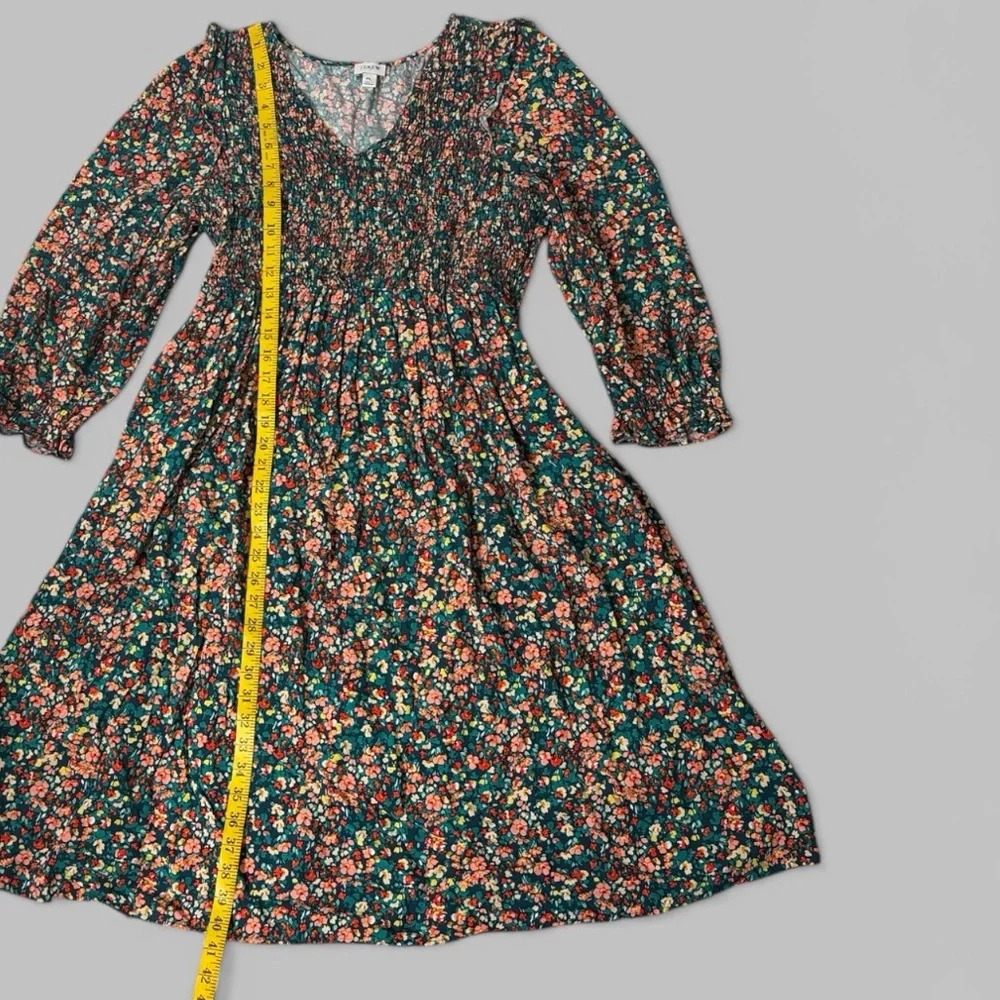J. Crew V-Neck Smocked Green Floral Midi Dress - Picture 9 of 11